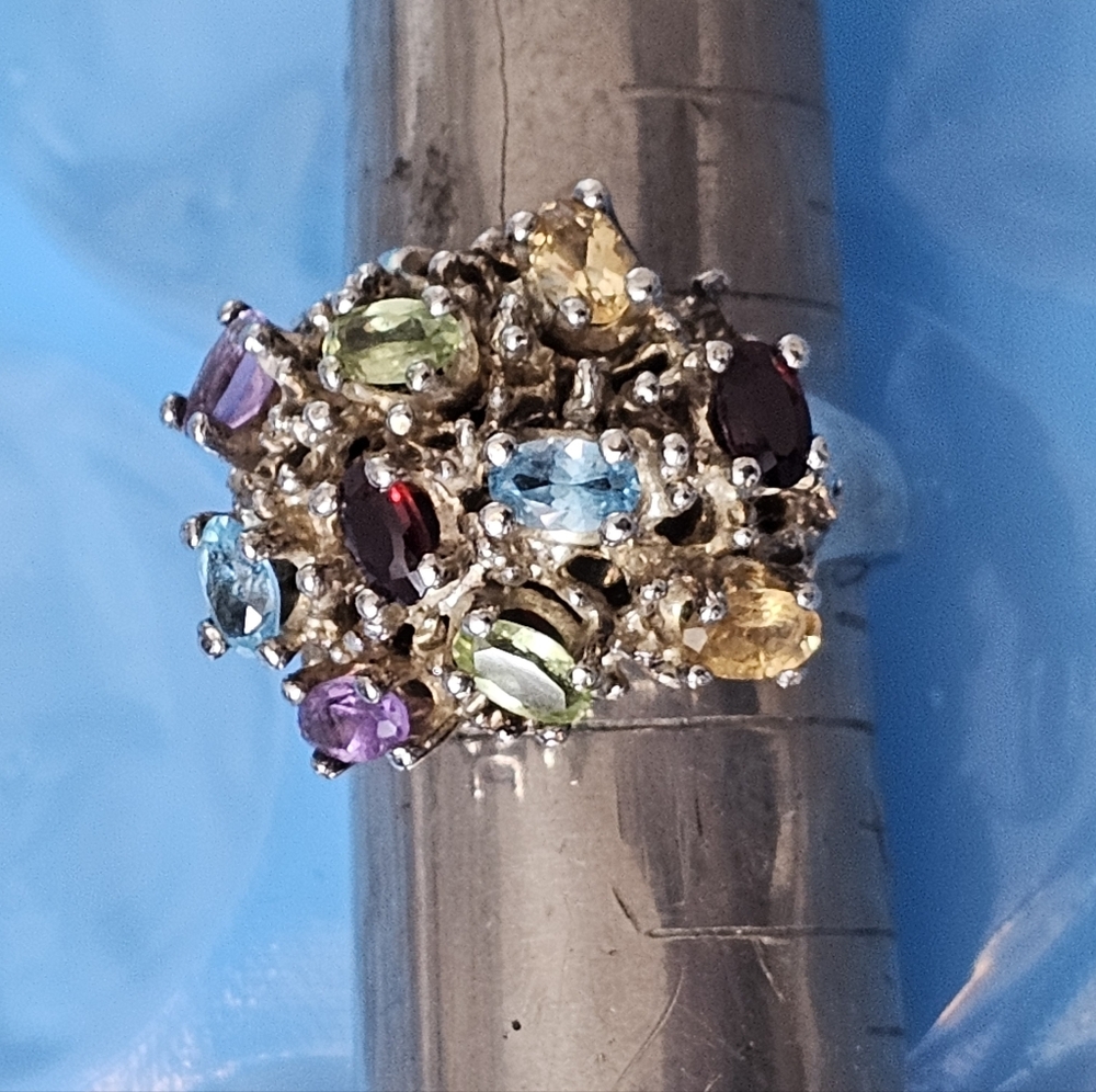 925 Large Elegant Cluster  Multi Gemstone Cluster Ring. 8.5. 10 Semi Precious